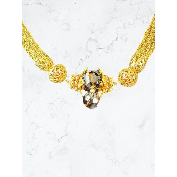 Vintage Vendôme 1950s/60s Gold Mesh Filigree Necklace and Glass Beads - Picture 5 of 9
